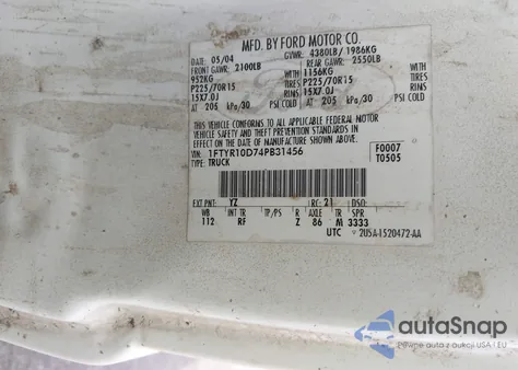 2004 Ford Ranger Xl/Xlt из США, поврежденный, VIN 1FTYR10D74PB31456